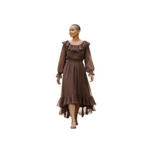 Vintage Rona Women's brown sheer long-sleeve chocolate brown midi dress/ ruffle